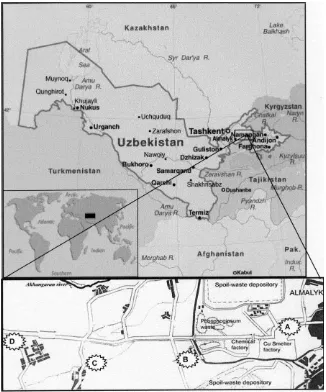 Fig. 1. Location of the study sites along the transect from the Almalyk Industrial Complex (A, 0 km; B, 5 km; C, 10 km; D, 15 km from the complex).
