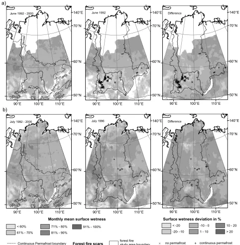 Figure 6. Map of ERS1/2 scatterometer derived multi-annual monthly average surface wetness (1992–2000, left), speciﬁc monthly averagesurface wetness (middle) and their difference for (a) June 1992 (with snow mask) and (b) July 1996
