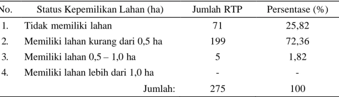 Tabel 10  Satus kepemilikan lahan perkebunan setiap RTP di Desa Pulosari     Tahun 2005 