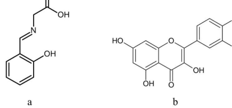Gambar 1 Struktur Kimia 2-hidroksibenzaldiminoglisina (a) dan kuersetin (b)  Basa Schiff yang disebut pula sebagai imina merupakan suatu gugus  fungsi yang mengandung ikatan rangkap dua C=N dengan nitrogen terikat pada  suatu gugus aril atau alkil (IUPAC 1