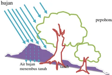 Gambar 1-3:Mekanisme Proses Longsor: Air Hujan Menembus dan Melunakkan Tanah serta Pohon yang Menahan Terjadinya Longsor