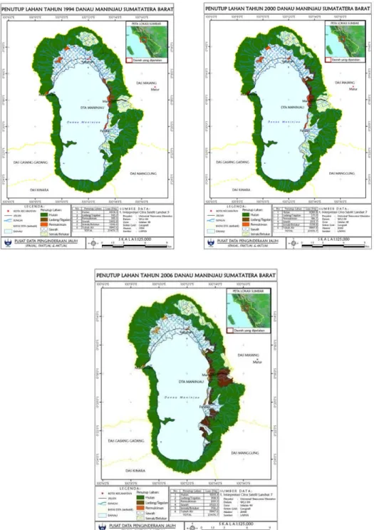Gambar 4-3:Peta penutup lahan DTA danau Maninjau Tahun 1994, 2000 dan 2006 Tabel 4-1: PERBANDINGAN LUAS PENUTUP LAHAN TAHUN 1994, 2000 DAN 2006