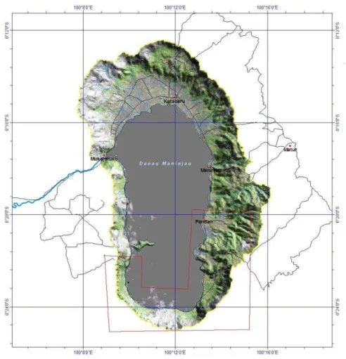 Gambar 4-5:Hasil Penggabungan citra Landsat dan SRTM. Kotak Merah: Daerah Jorong Tanjung Sani