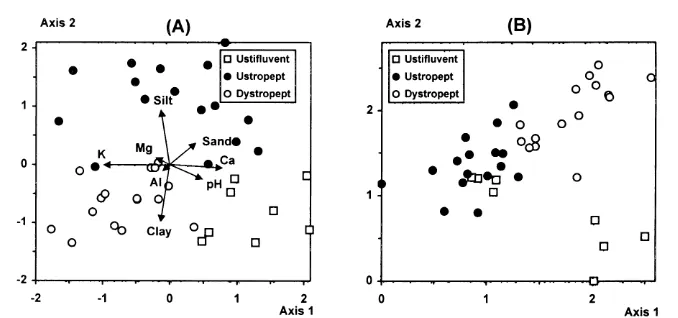FIG. 2. Diagrams of quadrat ordination in the ﬁrst two axes yielded by (A) principal compo-nent analysis of soil properties and (B) detrended correspondence analysis of species abun-dance