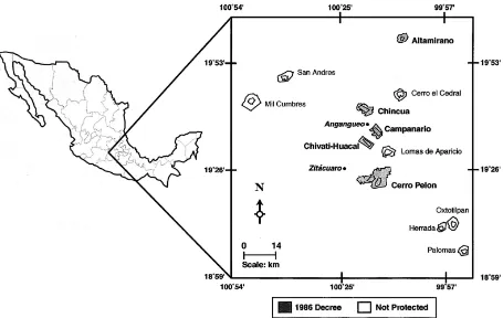 Figure 1. Locations of 12 mountain massifs on which monarch butterfly overwintering occurs in the oyamel-pine for-