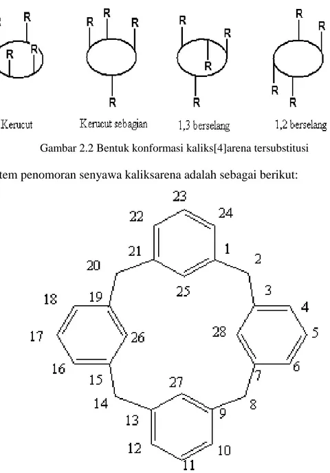Gambar 2.2 Bentuk konformasi kaliks[4]arena tersubstitusi  Sistem penomoran senyawa kaliksarena adalah sebagai berikut: 