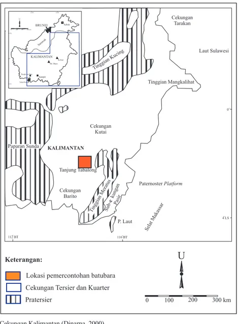 Gambar 1. Daerah Cekungan Kalimantan (Dinarna, 2000). Lokasi pemercontohan batubaraKeterangan: