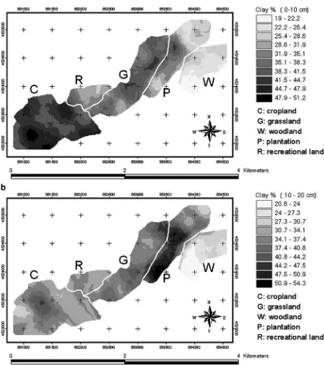 Fig. 5 Spatial distribution of the soil clay content, a 0–10 cm b 10–20 cm