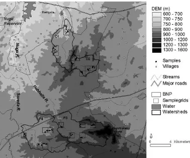 Figure 3. Research watersheds and sample locations. Watersheds are: (D1) Hediyala; (D2) Muntipur; (P3) Hebhalla; (P4) Soreda.