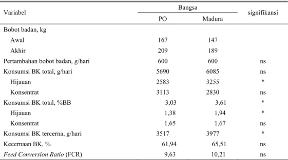 Tabel 2. Bobot hidup dan konsumsi bahan kering pakan dari sapi PO dan Madura dengan pemeliharaan  intensif  Bangsa  Variabel  PO Madura  signifikansi  Bobot badan, kg  Awal 167  147  Akhir 209  189 