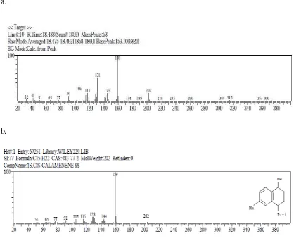 Gambar 4.17. Spektrum GC-MS senyawa Cis-Kalamenen dari minyak atsiri rimpang Jerangau yang diperoleh dengan menggunakan alat Stahl (a= sampel; b= standard library) 
