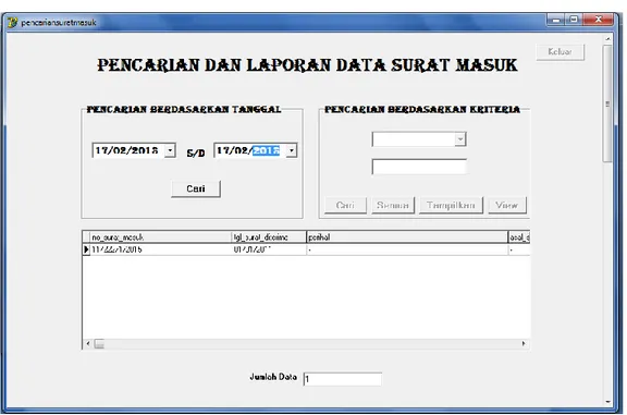 Gambar 5.7 Tampilan Form Pencarian dan laporan data surat masuk 