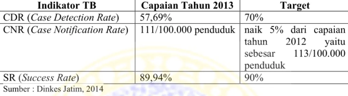 Tabel 1.1 Perbandingan Capaian Indikator TB di Jawa Timur dengan Target pada  Tahun 2013 