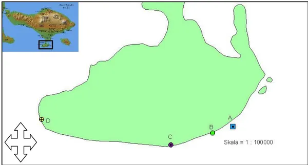 Gambar 1. Peta Sebaran Lokasi populasi Populasi Monyet Ekor Panjang di Semenanjung Badung  dengan menggunakan  visualisasi Arcview GIS