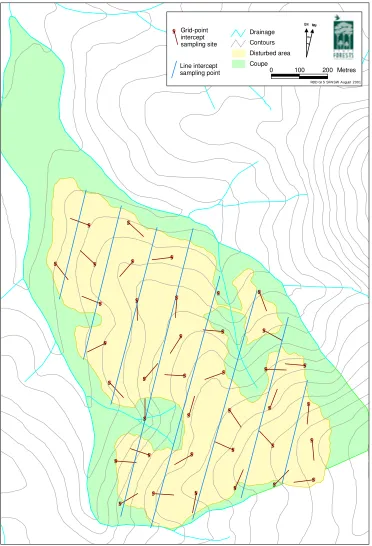 Figure 7. Line intercept and grid point intercept transect locations for post-harvest assessment in the logging study of compartment 551