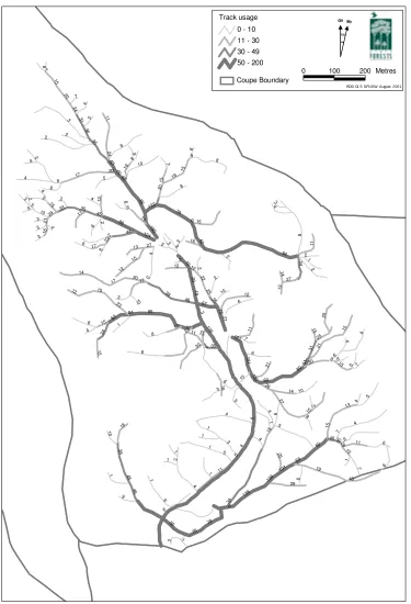 Figure 10. Distribution of individual tracks identified by GPS tracking data. Numbers represent the estimated number of passes and line thickness is proportional to the number of passes (track usage classes)