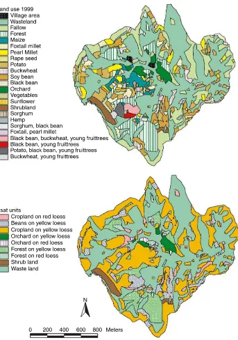 Fig. 6. Land-use map of the Danangou catchment for 1999 (top) and derived land-unit map for saturatedconductivity (bottom).