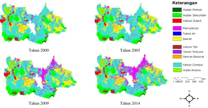 Gambar 1. Hasil Interpretasi penggunaan lahan Kabupaten Bogor tahun 2000, 2005, 2009 dan 2014  Penggunaan  lahan  di  Kabupaten  Bogor  dari  tahun 