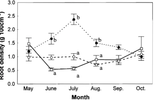 Fig. 8. Root density in TO-larch (○), TO-d-larch (●) and TO-broad (�). Vertical bars represent ±SE of the mean
