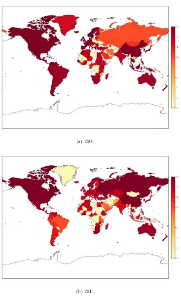 Figure 8. Choropleth maps for the number of diﬀerent communities a country belongs to in the multi-layer.Years 2001 and 2011.