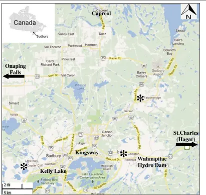 Fig. 1 Location of red maple (Northern Ontario within the Greater Sudbury region. Site 1: KellyAcer rubrum) sampling sites inLake; Site 2: Kingsway; Site 3: Wahnapitae Hydro Dam; Site 4: St.