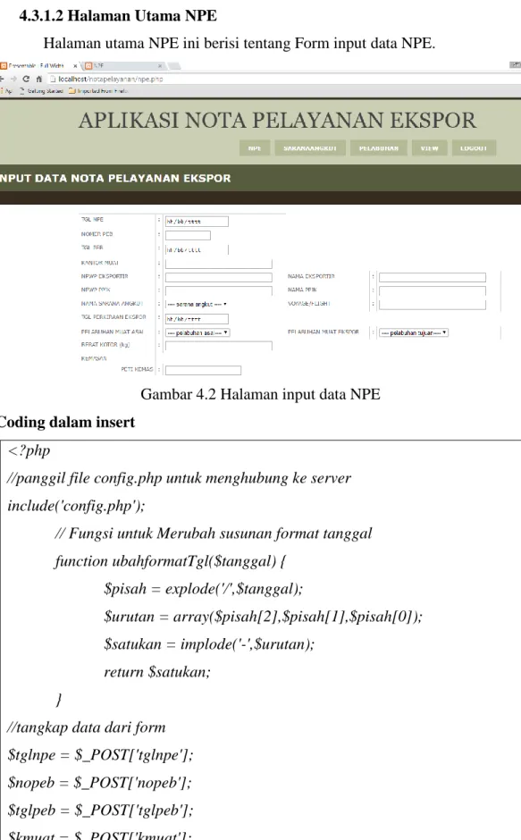 Gambar 4.2 Halaman input data NPE  Coding dalam insert 