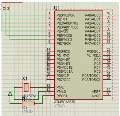 Gambar 3.3. Rangkaian sistem minimum mikrokontroler ATMega8535  Dari gambar 3.3, Rangkaian tersebut berfungsi sebagai pusat kendali dari seluruh  sistem yang ada.Komponen utama  dari rangkaian ini adalah IC Mikrokontroler  ATMega8535.Semua program diisikan