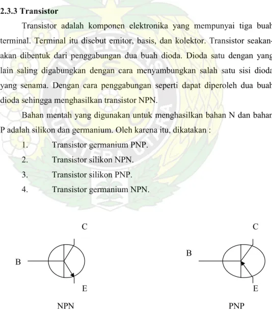 Gambar  2.8  Simbol tipe transistor C B E  C B E NPN PNP 
