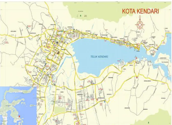 Gambar 1. Posisi geografis Teluk Kendari (Sumber: Iconos 2003 dan Survey Jalan Komunitas                      Teras 2006)