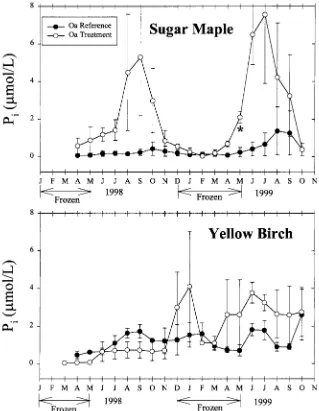 Figure 2. Mean monthly inorganic phosphorus (Pthe Oa horizon of reference and treatment plots in sugar maple and yellow birch stands
