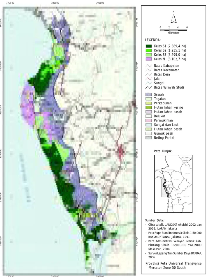 Gambar 5. Peta kesesuaian lahan budidaya tambak untuk musim hujan di Kabupaten Pinrang Provinsi Sulawesi Selatan (Mustafa et al., 2008)