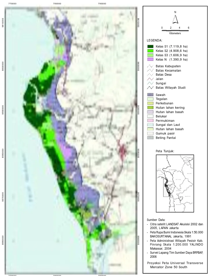 Gambar 6. Peta kesesuaian lahan budidaya tambak untuk musim kemarau di Kabupaten Pinrang Provinsi Sulawesi Selatan (Mustafa et al., 2008)
