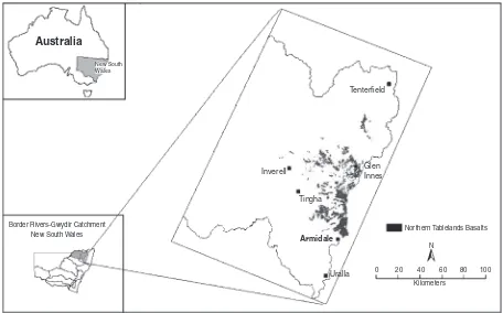 Fig. 1.Location of New South Wales, the Border Rivers Gwydir Catchment, and the Northern Tablelands Basalts.