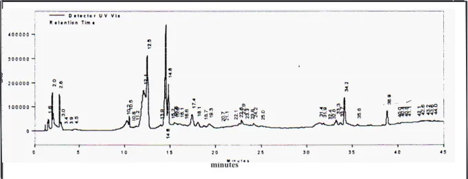 Gambar 3. Profil kromatogram KCKT  ekstrak metanol kalus mahkota dewa  l = 230 nm. 