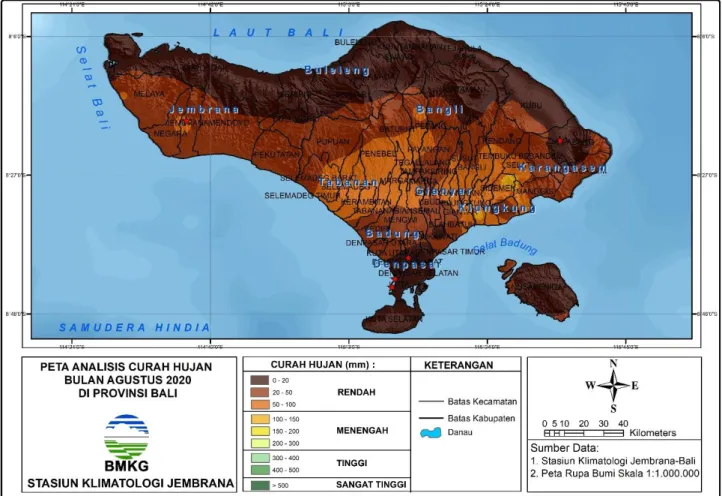 Gambar 1. Peta analisis curah hujan bulan Agustus 2020 di Provinsi Bali