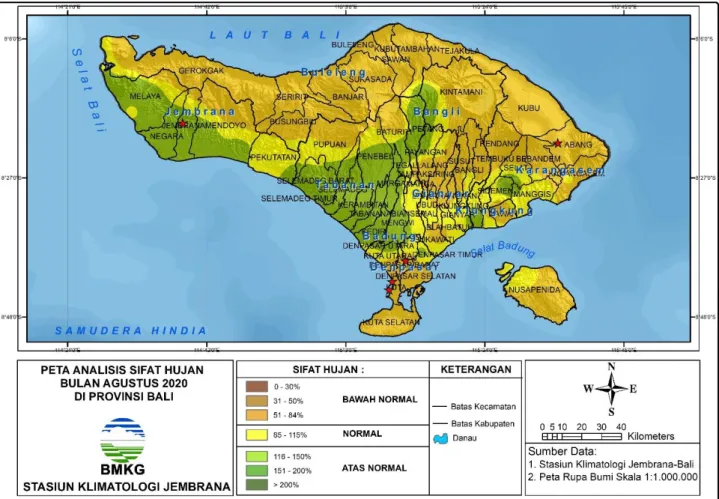 Gambar 2. Peta analisis sifat hujan bulan Agustus 2020 di Provinsi Bali