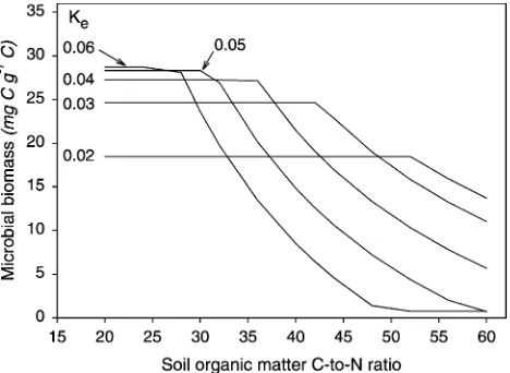 Fig. 6. Microbial biomass, C waste generation through overﬂow metabolism, and net mineralization as a function of SOM C/N ratio in the linked model.