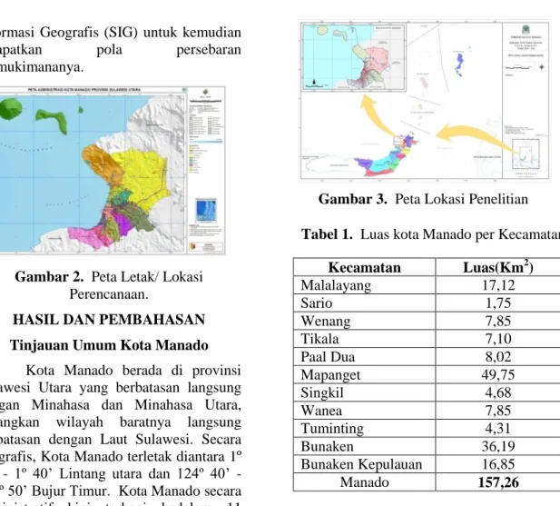Tabel 1.  Luas kota Manado per Kecamatan Gambar 3.  Peta Lokasi Penelitian 