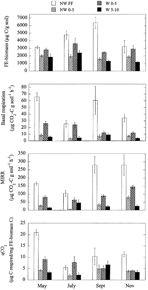 Fig. 2. Seasonal patterns of FE microbial biomass C, BR, MIRR, and qCO2in worm and no-worm soils of Site 1