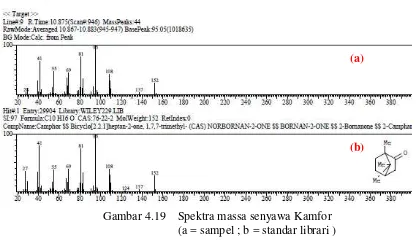 Gambar 4.19    Spektra massa senyawa Kamfor 