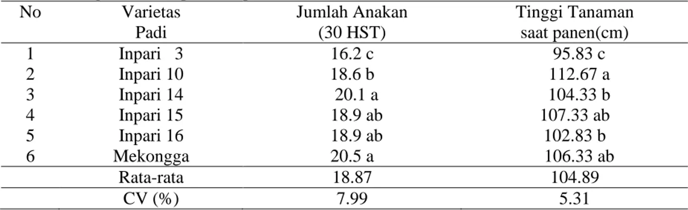 Tabel 1. Jumlah anakan (30 HST) dan tinggi tanaman (cm) saat panen beberapa varietas padi  sawah terhadap penerapan teknologi PTT di Desa Pintu Padang, Kecamatan Batang  Angkola, Kabupaten Tapanuli Selatan 