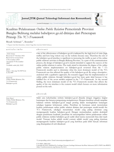 Jurnal JTIK (Jurnal Teknologi Informasi Dan Komunikasi) 6 (3) Jurnal ...