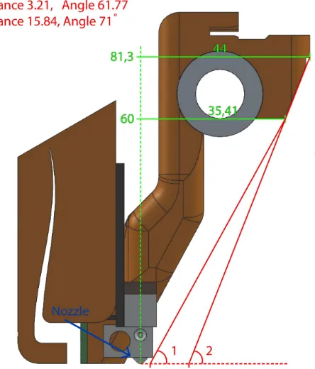 Figure 3.13: First version nozzle mount, all distances are in mm.