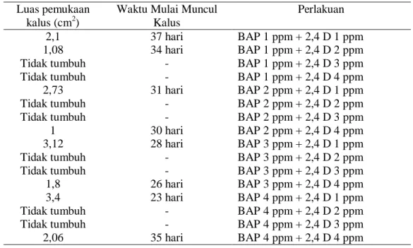 Tabel 1. Waktu tumbuh Kalus Pulesari dengan perlakuan BAP dan 2,4 D  Perlakuan Waktu Mulai Muncul 