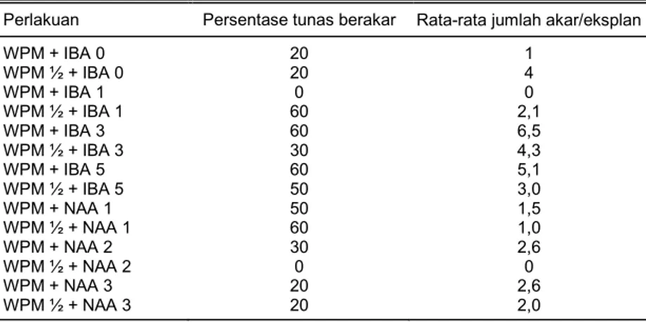 Tabel 5.  Perakaran pada media WPM yang diberi IBA atau NAA, urnur 2 bulan. 