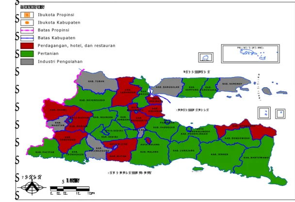 Tabel 13 menunjukkan bahwa sebagian besar daerah pada Provinsi Jawa  Timur masih bertopang pada sektor pertanian, kemudian disusul oleh  kabupaten/kota yang berbasis pada sektor perdagangan, hotel dan restoran serta  sektor industri pengolahan