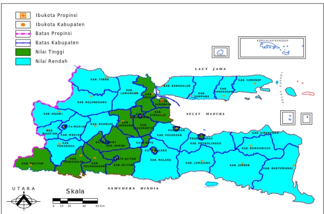 Gambar 3 Peta penyebaran Indeks Pembangunan Manusia di Jawa Timur 