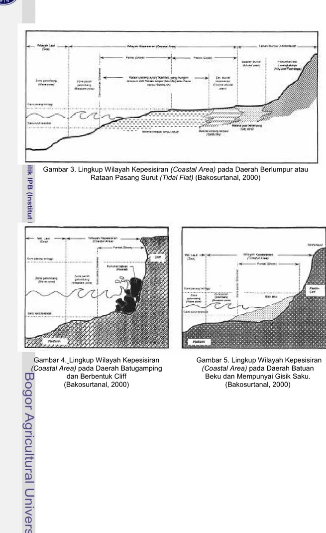 Gambar 3. Lingkup Wilayah Kepesisiran (Coastal Area) pada Daerah Berlumpur atau  Rataan Pasang Surut (Tidal Flat) (Bakosurtanal, 2000) 