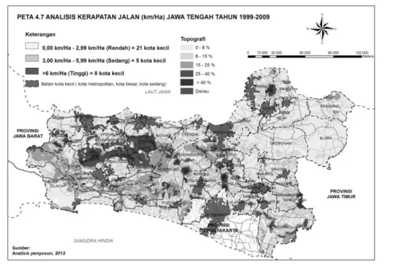 Gambar 4. Peta Analisis Kerapatan Jalan Kota-Kota Kecil Jawa Tengah (25.000-50.000 jiwa)