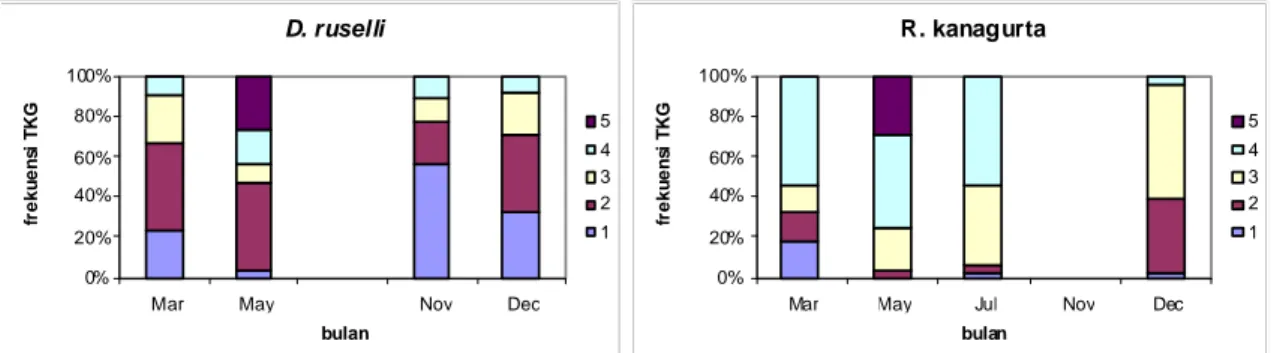 Figure 4. Gonado somatic index distribution of scad fish (Decapterus russelli) and of mackerel (Rastrelliger kanagurta) in fork length interval.